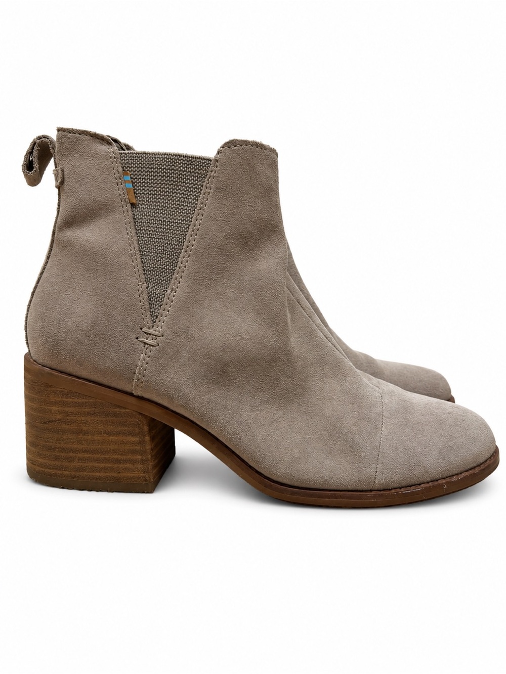 TOMS Women’s Beige Suede Chelsea Ankle Boots Block Heel Pull On Size 7